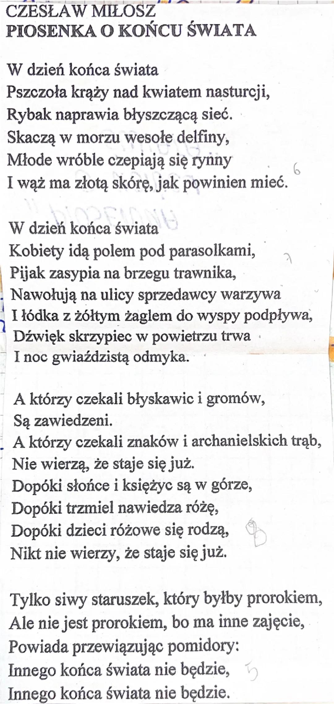 ב
B
T
Nietypowa apoka
lipso - Cz. Mitosz
Piosenka o kon
cu Swiata
Do
1)UONTEUST HISTORYCZNY I
HISTORYCZNOUTENACUL
D
UTWOR POWSTAŁ 1945г. (T 