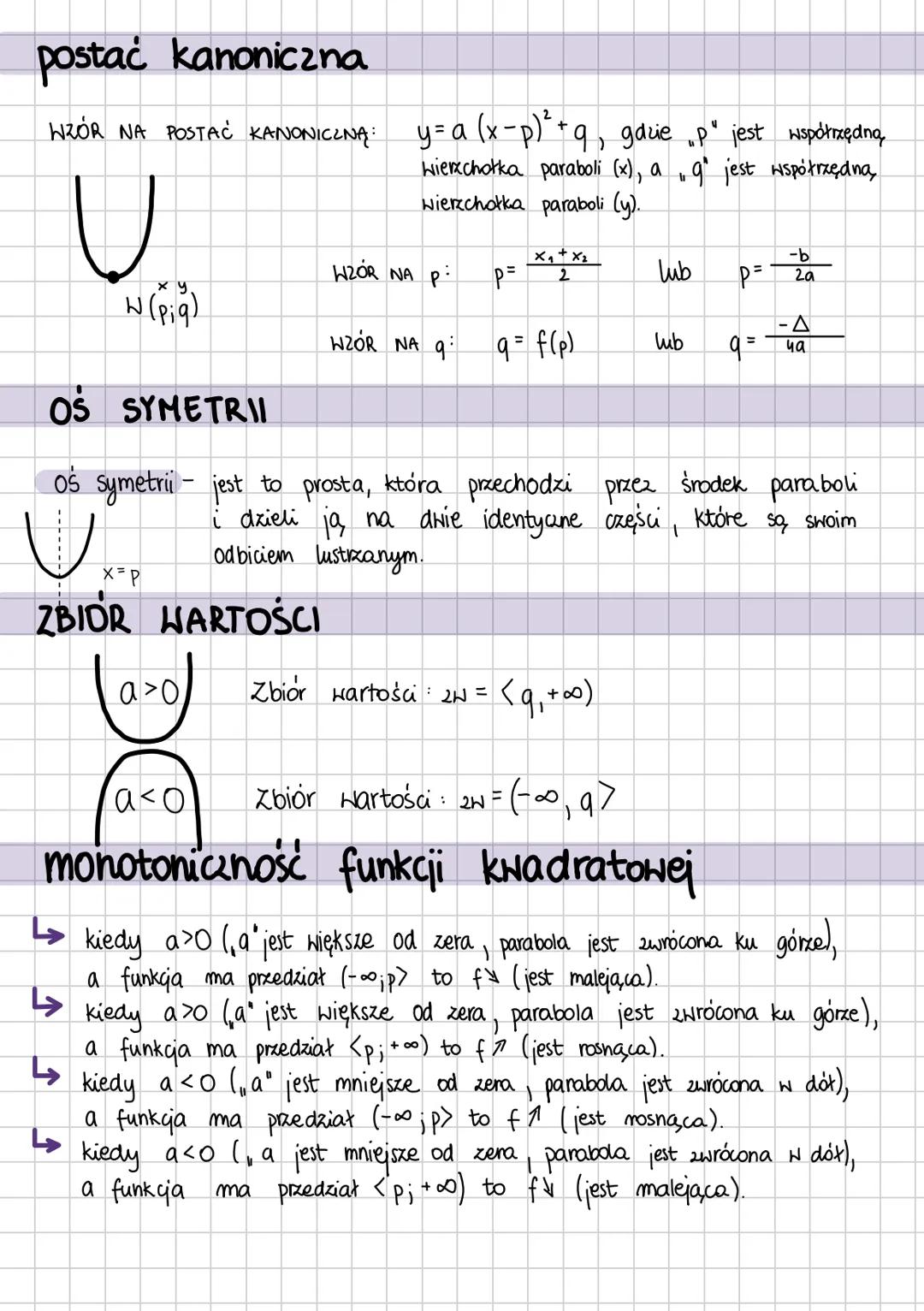 --- OCR Start ---
FUNKCJA
postać ogólna
y=$ax^{2}+bx+c$
KWADRATOWA
$\Delta=b^{2}-4ac\sim wxdr~na~delte$
miejsca zerone
→ $\Delta>0$, gdy del