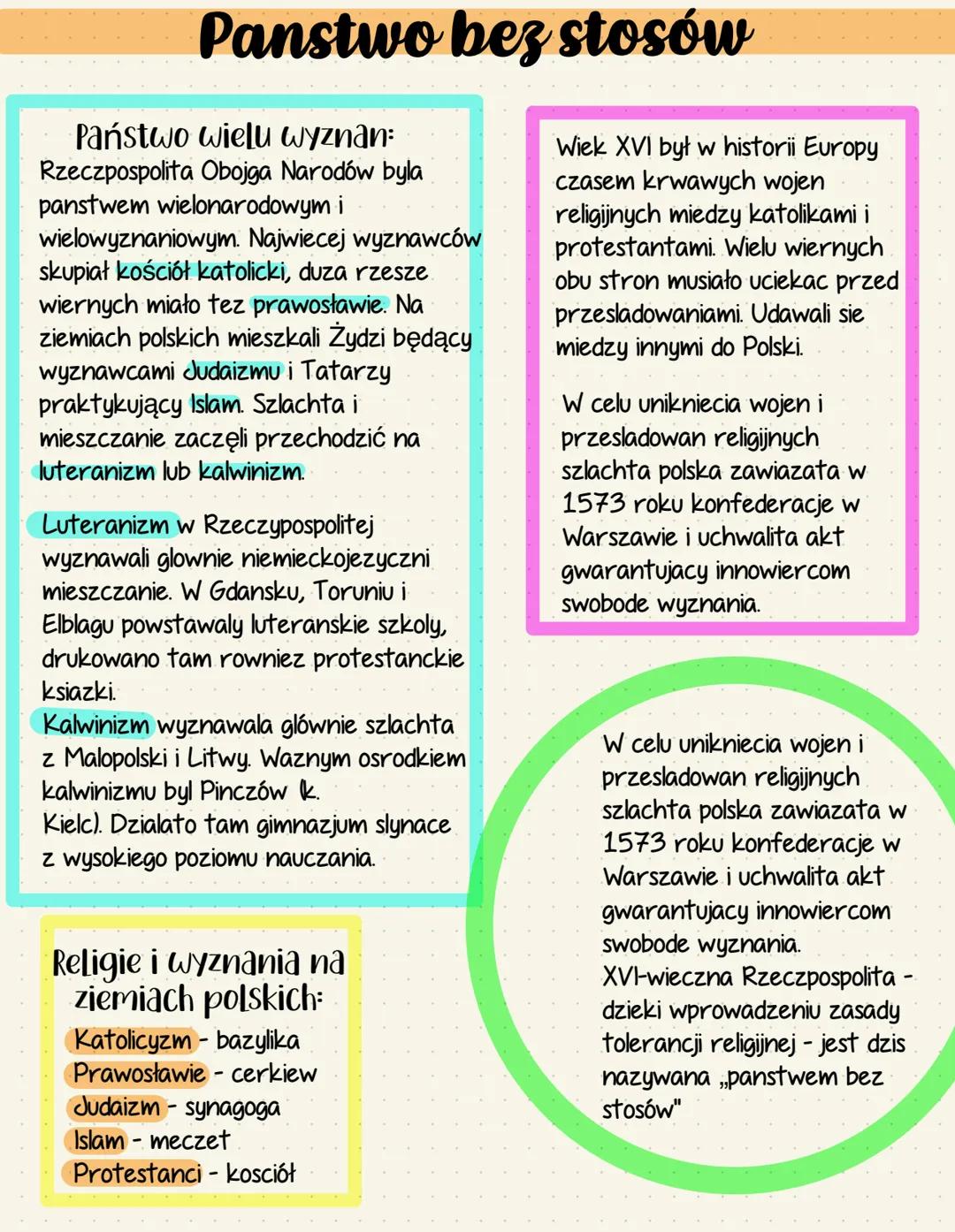Panstwo bez stosów
Państwo wielu wyznan:
Rzeczpospolita Obojga Narodów byla
panstwem wielonarodowym i
wielowyznaniowym. Najwiecej wyznawców
