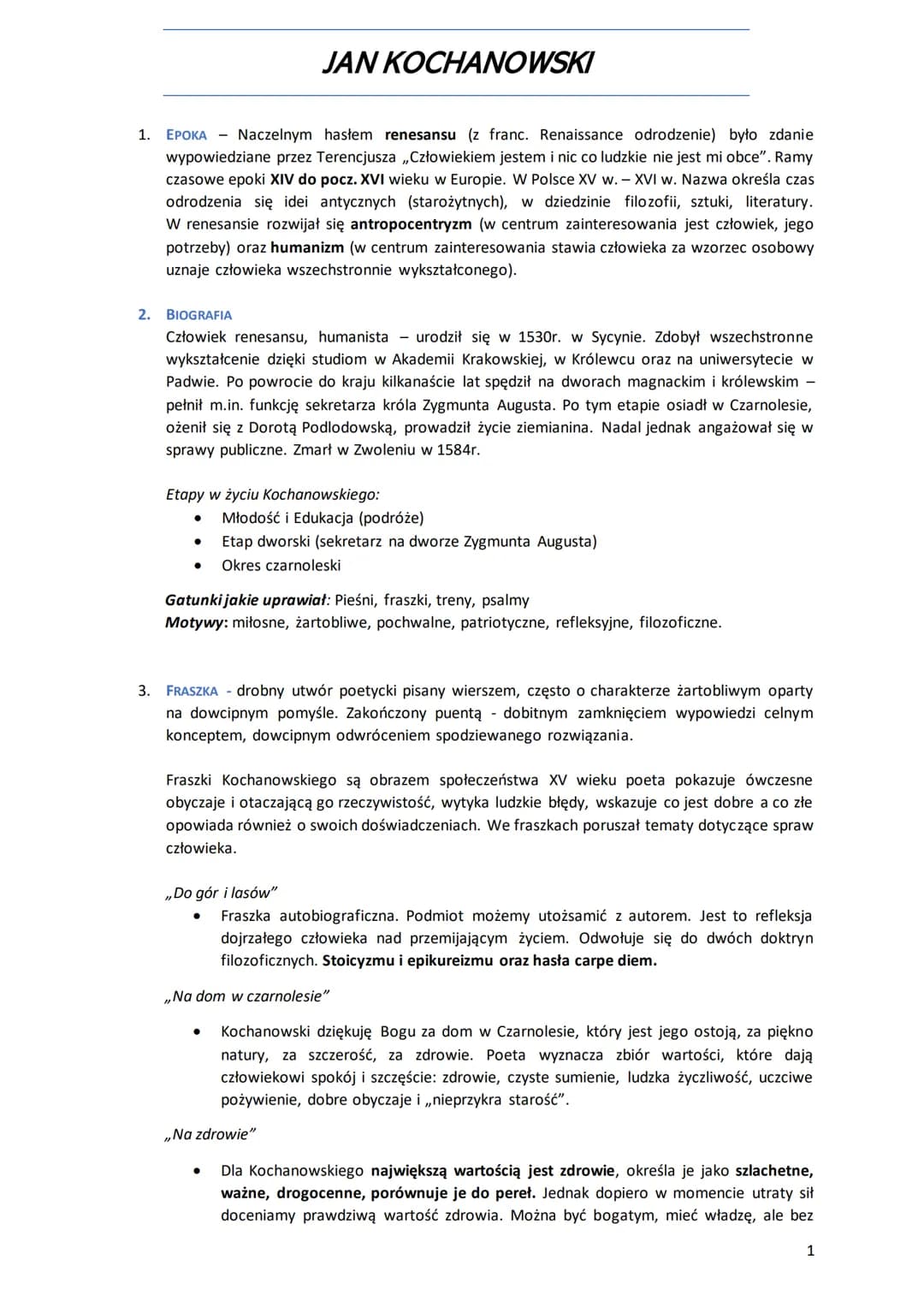 1. EPOKA - Naczelnym hasłem renesansu (z franc. Renaissance odrodzenie) było zdanie
wypowiedziane przez Terencjusza ,,Człowiekiem jestem i n