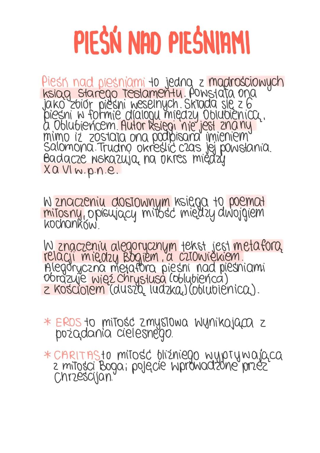 PIEŠŃ NAD PIEŚNIAMI
Pieśń nad pieśniami to jedna z mądrościowych
ksiąg Starego Testamentu. Powstała ona
jako zbior pieśni weselnych. Składa 