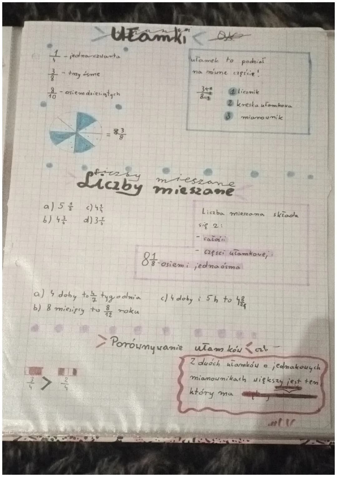 1-jedno czuorta
- trzy sme
1000
Utamki
- osiemdziesiątych
a) 5 = c) 4 ²
6) 4 //
d) 3
>
8²
3
Liczby
a) doby to tygodnia
b) 8 miesięcy to 1/12