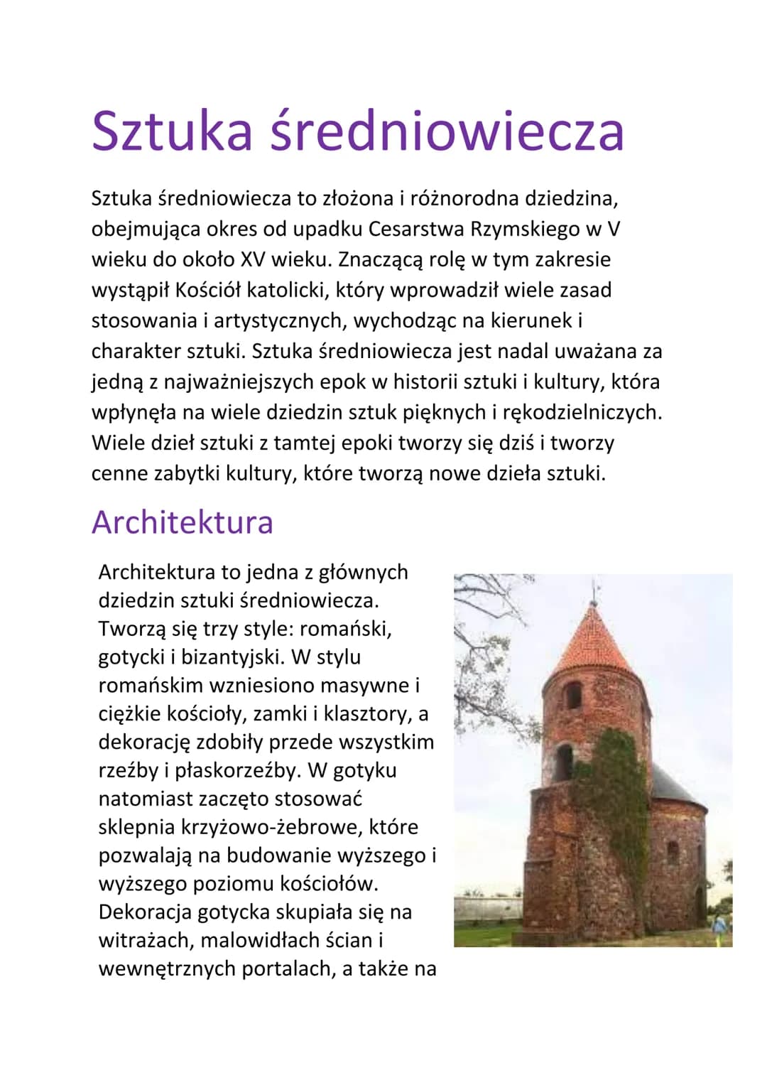 Sztuka średniowiecza
Sztuka średniowiecza to złożona i różnorodna dziedzina,
obejmująca okres od upadku Cesarstwa Rzymskiego w V
wieku do ok