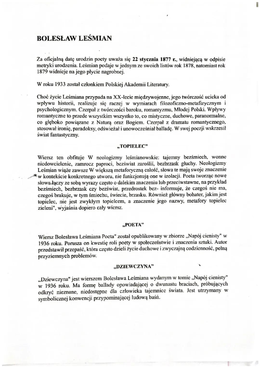 BOLESŁAW LEŚMIAN

Za oficjalną datę urodzin poety uważa się 22 stycznia 1877 r., widniejącą w odpisie
metryki urodzenia. Leśmian podaje w je
