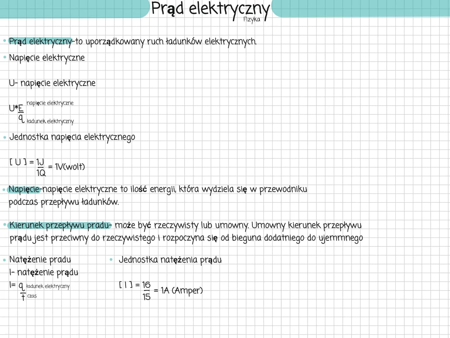 ●
●
●
Prąd elektryczny
Prąd elektryczny-to uporządkowany ruch ładunków elektrycznych.
Napięcie elektryczne
●
U- napięcie elektryczne
U*E
q
n