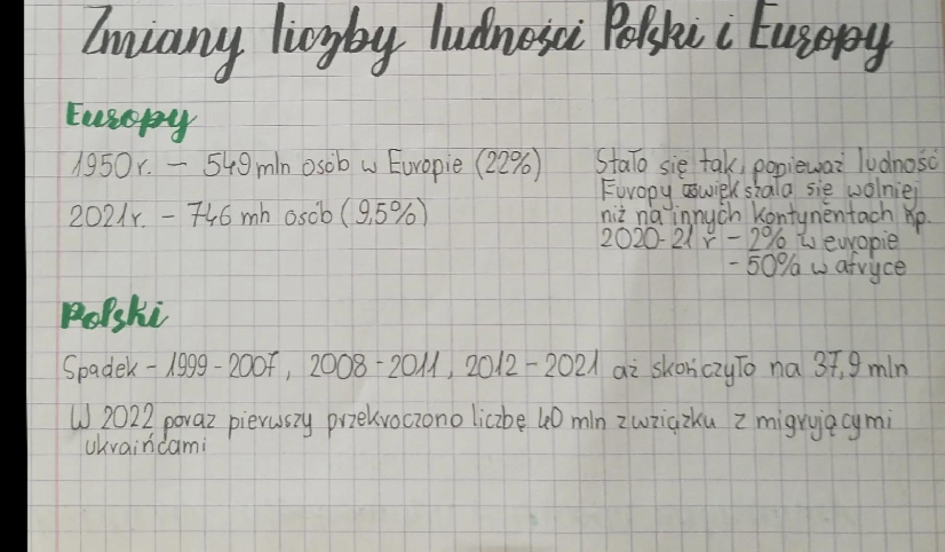 # Zmiany liczby ludności Polski i Europy

Europy

1950 r. - 549 mln osób w Europie (22%)

2021r. - 746 mh osco (9,5%)

Polski

Stało się tak