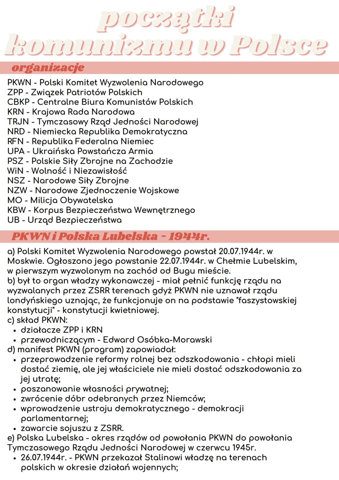 początki
komunizmu w Polsce
organizacje
PKWN - Polski Komitet Wyzwolenia Narodowego
ZPP - Związek Patriotów Polskich
CBKP - Centralne Biura 