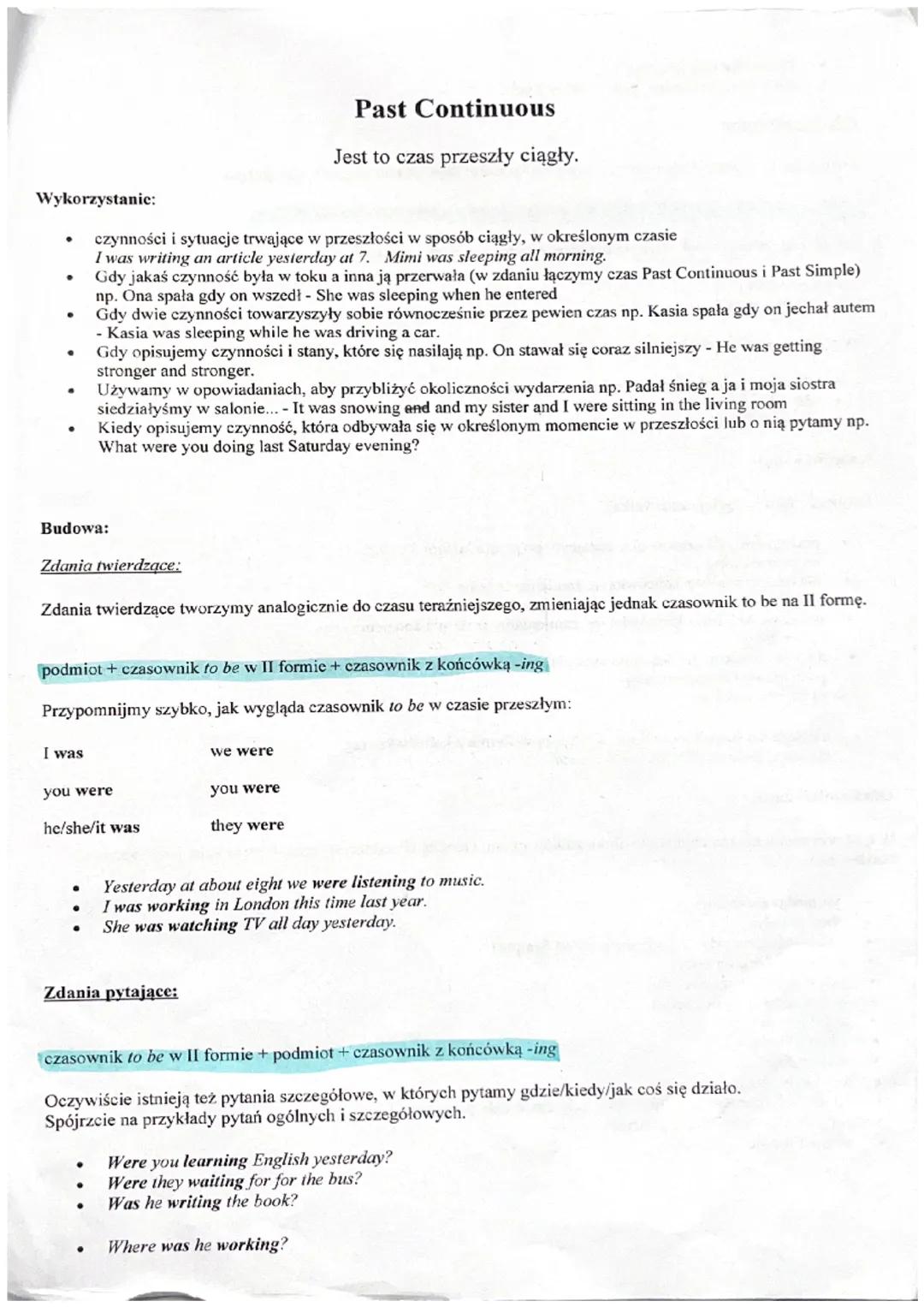 - What were they playing?
- What were you doing when I called you?

Zdania przeczące:

Tworzy się je poprzez dodanie *not* po czasowniku *to