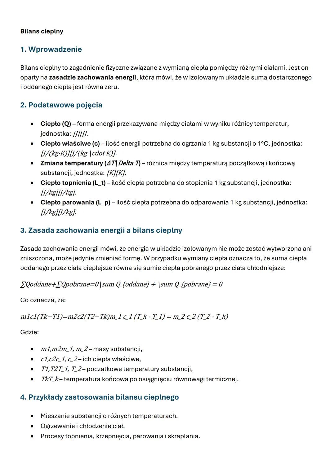 Bilans cieplny
1. Wprowadzenie
Bilans cieplny to zagadnienie fizyczne związane z wymianą ciepła pomiędzy różnymi ciałami. Jest on
oparty na 