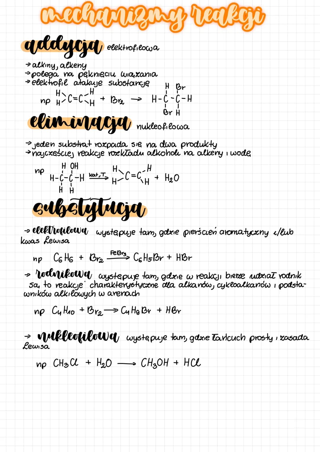 macharizmy reafgi
addycja
→alkiny, alkeny
→>>>
• polega na pęknięciu wiazania
→ elektrofil atakuje substancję
H>C=C<H
+ Br₂ →
H Br
H-C-C-H
I