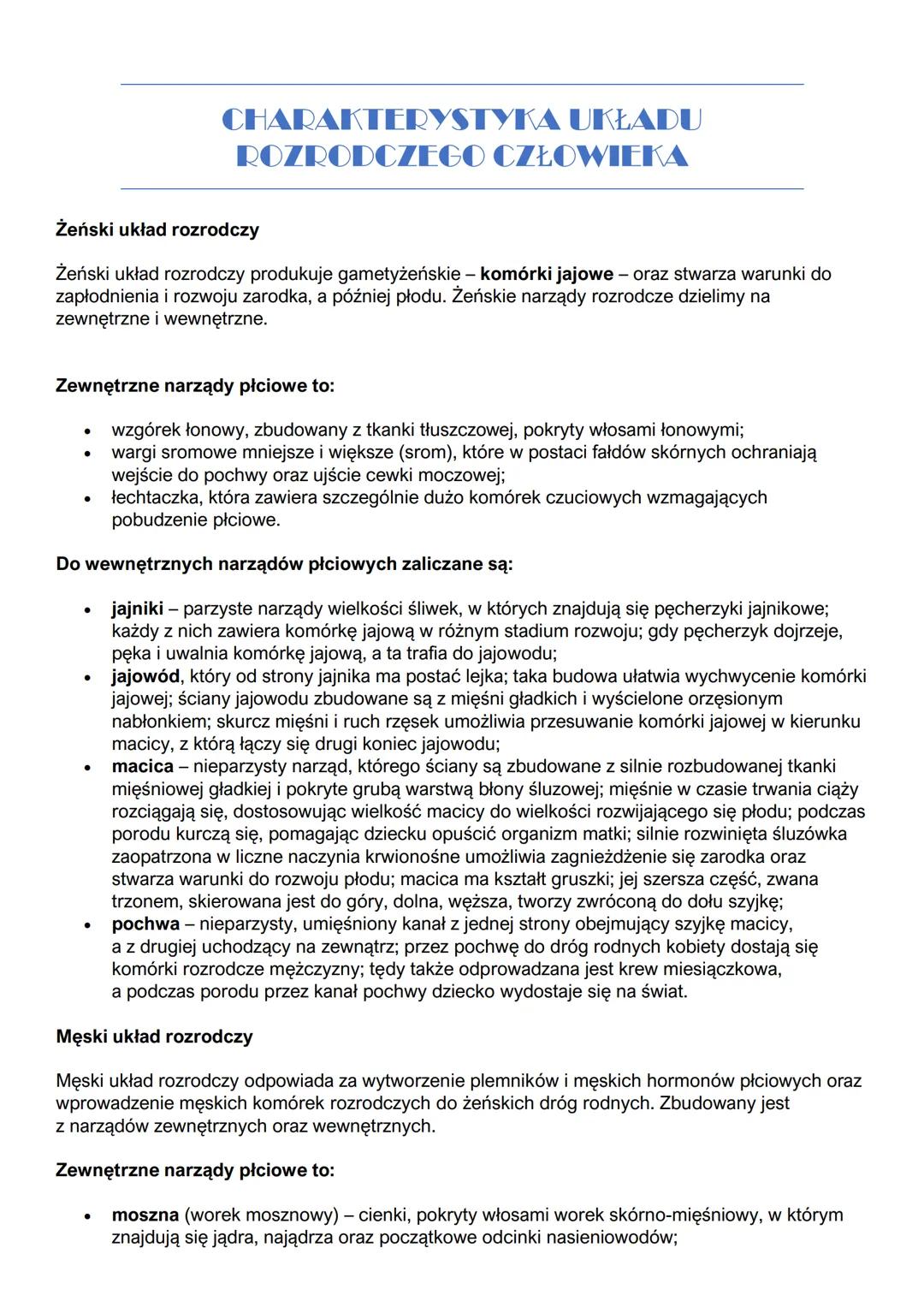 # CHARAKTERYSTYKA UKŁADU
## ROZRODCZEGO CZŁOWIEKA

Żeński układ rozrodczy

Żeński układ rozrodczy produkuje gametyżeńskie – komórki jajowe –