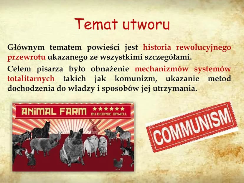 ANIMAL
FARM
AUTOR: PIOTR KUŹMIŃSKI 8E GENEZA UTWORU
Pomysł napisania powieści zrodził sie w
latach 30, bezpośrednio po udziale Orwella
w woj