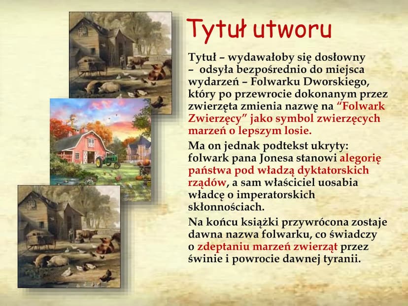ANIMAL
FARM
AUTOR: PIOTR KUŹMIŃSKI 8E GENEZA UTWORU
Pomysł napisania powieści zrodził sie w
latach 30, bezpośrednio po udziale Orwella
w woj