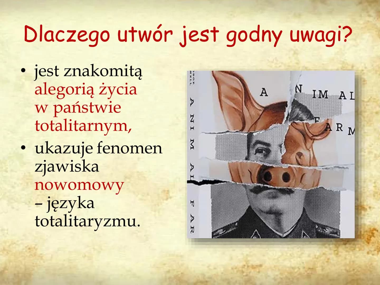 ANIMAL
FARM
AUTOR: PIOTR KUŹMIŃSKI 8E GENEZA UTWORU
Pomysł napisania powieści zrodził sie w
latach 30, bezpośrednio po udziale Orwella
w woj