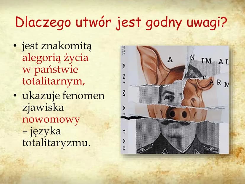 ANIMAL
FARM
AUTOR: PIOTR KUŹMIŃSKI 8E GENEZA UTWORU
Pomysł napisania powieści zrodził sie w
latach 30, bezpośrednio po udziale Orwella
w woj