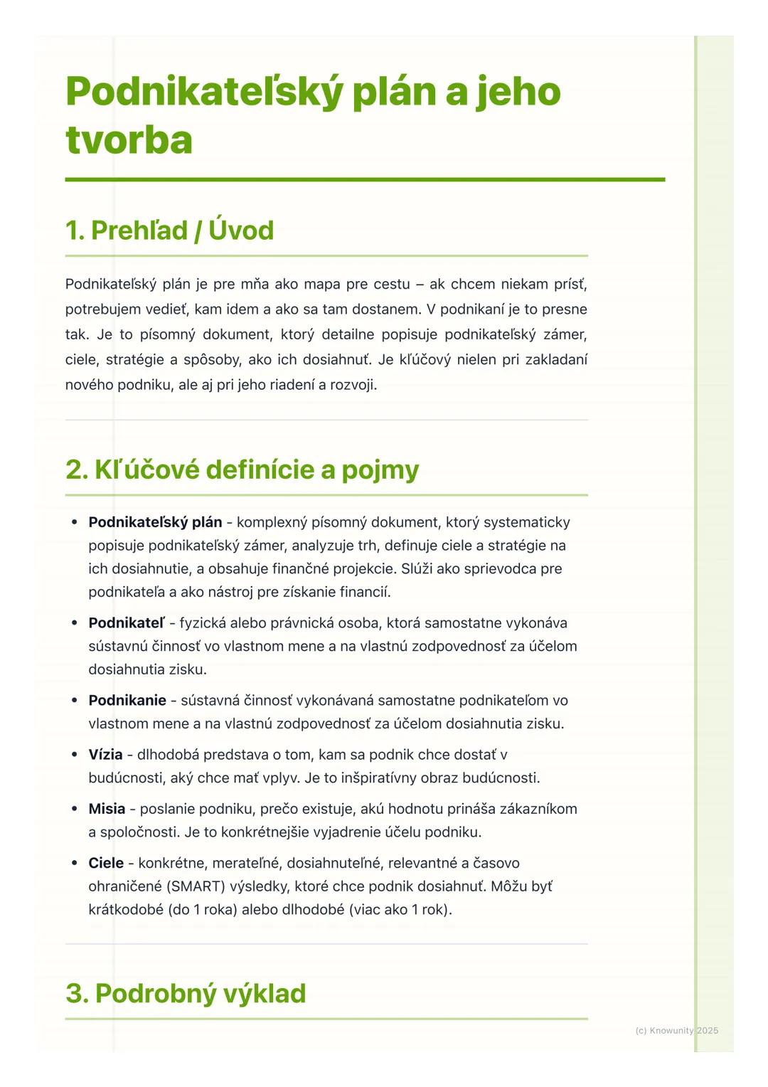 # Podnikateľský plán a jeho
tvorba

1. Prehľad / Úvod

Podnikateľský plán je pre mňa ako mapa pre cestu ak chcem niekam prísť,
potrebujem ve