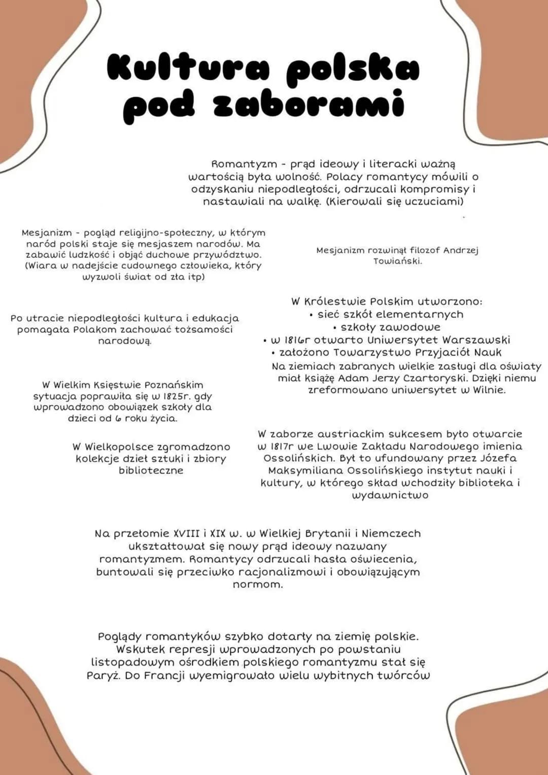 Kultura polska
pod zaborami
Romantyzm - prąd ideowy i literacki ważną
wartością była wolność. Polacy romantycy mówili o
odzyskaniu niepodleg