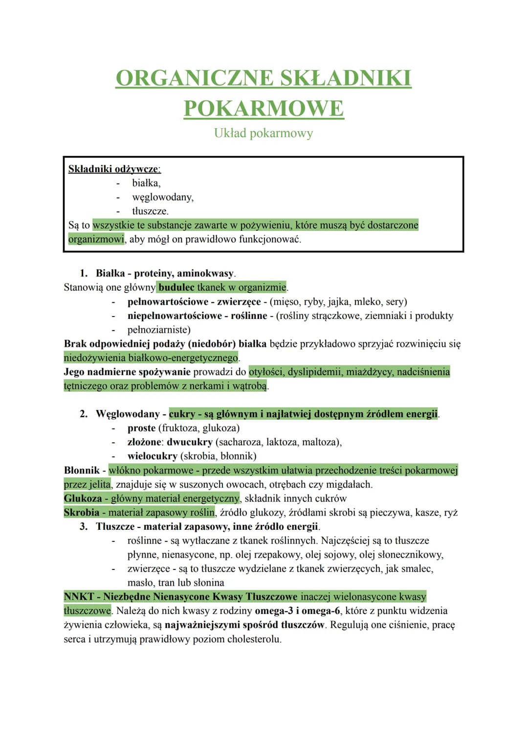 ORGANICZNE SKŁADNIKI
Składniki odżywcze:
białka,
POKARMOWE
Układ pokarmowy
węglowodany,
tłuszcze.
Są to wszystkie te substancje zawarte w po