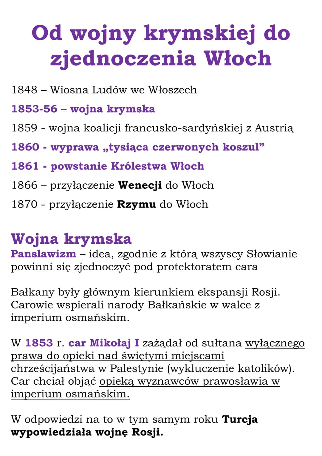 Od wojny krymskiej do
zjednoczenia Włoch
1848 Wiosna Ludów we Włoszech
1853-56 – wojna krymska
1859 - wojna koalicji francusko-sardyńskiej z