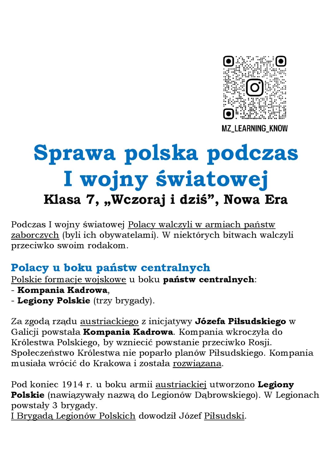 Sprawa polska podczas  I wojny światowej Klasa 7, „Wczoraj i dziś”, Nowa Era