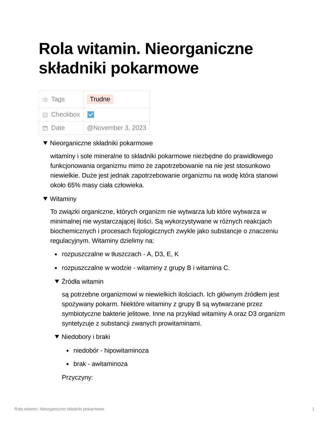 Rola witamin. Nieorganiczne
składniki pokarmowe
Tags
Checkbox
Date
Trudne
@November 3, 2023
▼ Nieorganiczne składniki pokarmowe
witaminy i s