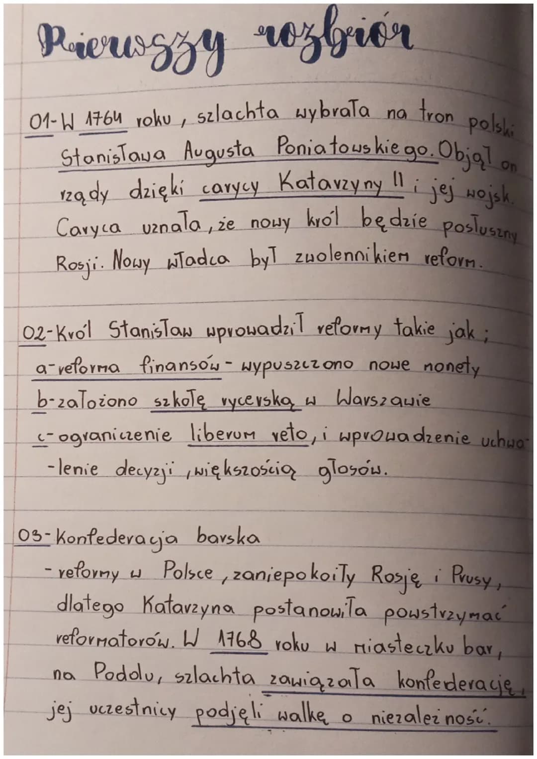 Pierwszy rozbiór
01-W 1764 roku, szlachta wybrała
Stanisława Augusta Poniatowskiego. Objal on
rządy dzięki carycy Katarzyny !! i jej Hojsk.

