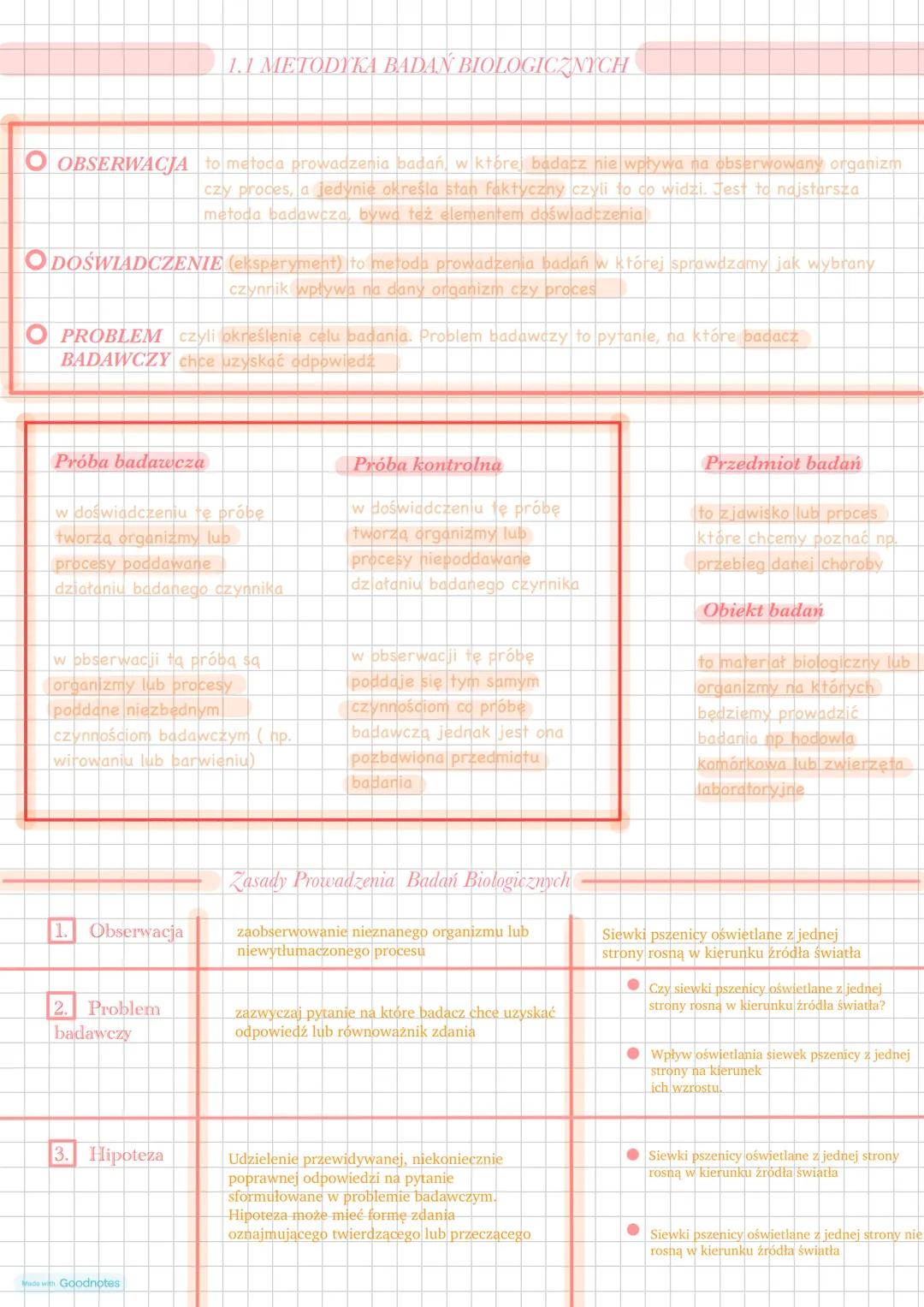1.1 METODIKA BADAN BIOLOGICZNYCH
OBSERWACJA to metoda prowadzenia badań, w które badacz nie wpływa na obserwowany organizm
czy proces, a jed