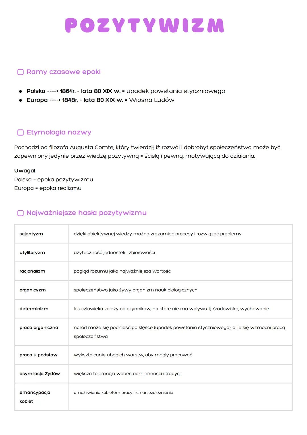 --- OCR Start ---
POZYTYWIZM
☐
Ramy czasowe epoki
• Polska ----> 1864r. lata 80 XIX W.= upadek powstania styczniowego
• Europa ----> 1848r. 