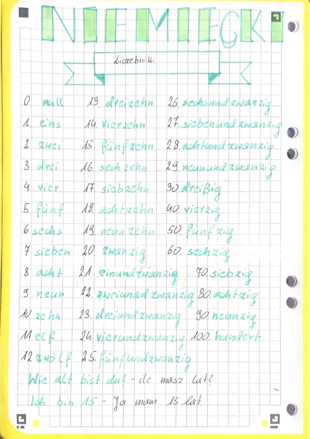 I
NIEMIECKI.
A
io
0 na ll
1 eins
2 zwei
3 drei
13 dreizehn
14. vierzehn
15. fünfzehn
16. sech penn
4 vier
17. siebzehn
30. dreißig
5 fünf 18