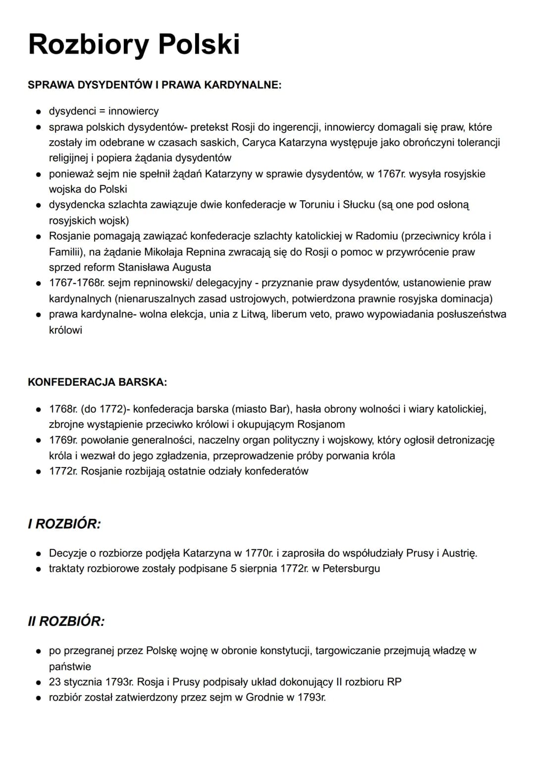 Rozbiory Polski
SPRAWA DYSYDENTÓW I PRAWA KARDYNALNE:
• dysydenci innowiercy
• sprawa polskich dysydentów- pretekst Rosji do ingerencji, inn