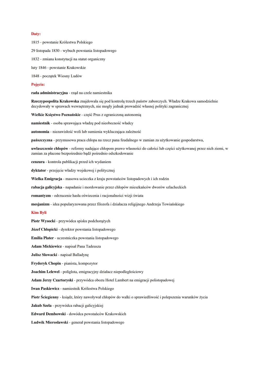 Daty:

1815 powstanie Królestwa Polskiego

29 listopada 1830 - wybuch powstania listopadowego

1832 - zmiana konstytucji na statut organiczn