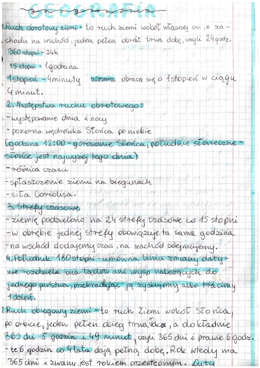 سمسم محهممم
1. Ruch obrotowy ziemi - to ruch ziemi wokół własnej osi, z za-
chodu na wschód, jeden peten dorát trwa dobę, czyli 24 godz.
360