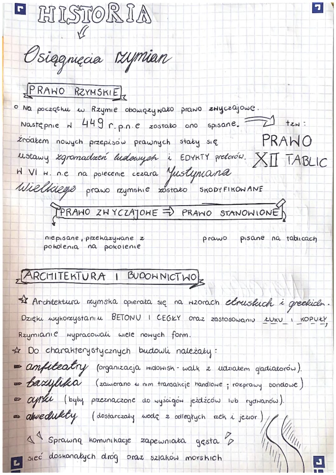 □ HISTORIA
✓
Osiągnięcia zymian
PRANO RZYMSKIE
• Na początku w Rzymie obowiązywało prawo zwyczajowe.
Następnie N 449 r.p.n.e zostako ono spi