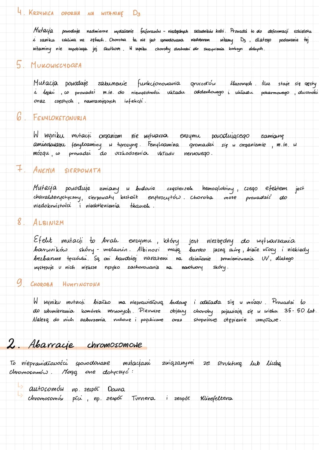Genetyka
1. Choroby genetyczne człowieka
CHOROBY JEDNOGENOWE → są spowodowane mutacjami w jednym genie. Dzielimy
którego nieprawidłowy allel