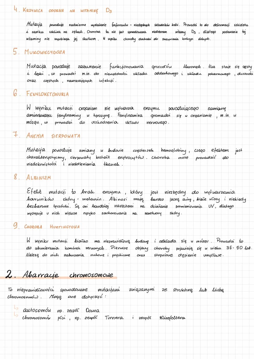 Genetyka
1. Choroby genetyczne człowieka
CHOROBY JEDNOGENOWE → są spowodowane mutacjami w jednym genie. Dzielimy
którego nieprawidłowy allel