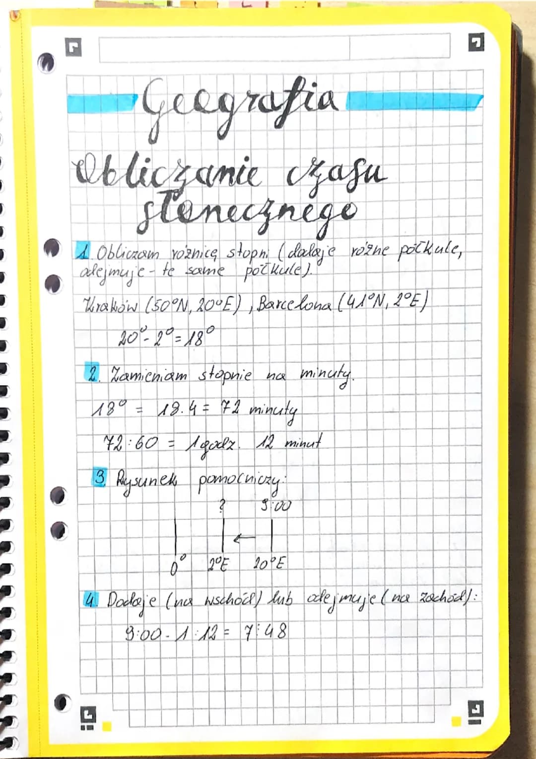 Geografia
Obliczanie czasu
stonecznego
1. Obliczam roznicę stopni (dodaje rózne półkule,
odejmuje - te same połkule).
Kraków (50°N, 20°E), B