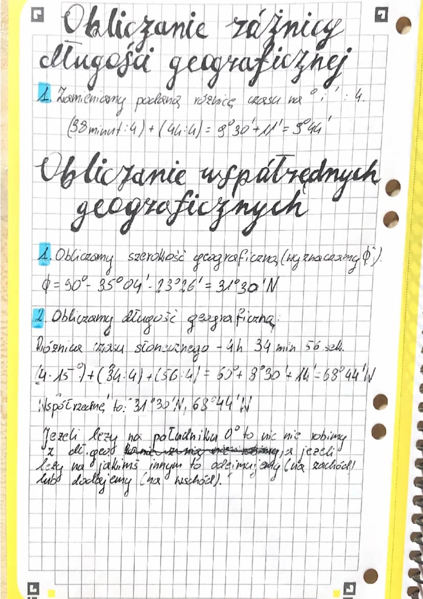 Geografia
Obliczanie czasu
stonecznego
1. Obliczam roznicę stopni (dodaje rózne półkule,
odejmuje - te same połkule).
Kraków (50°N, 20°E), B