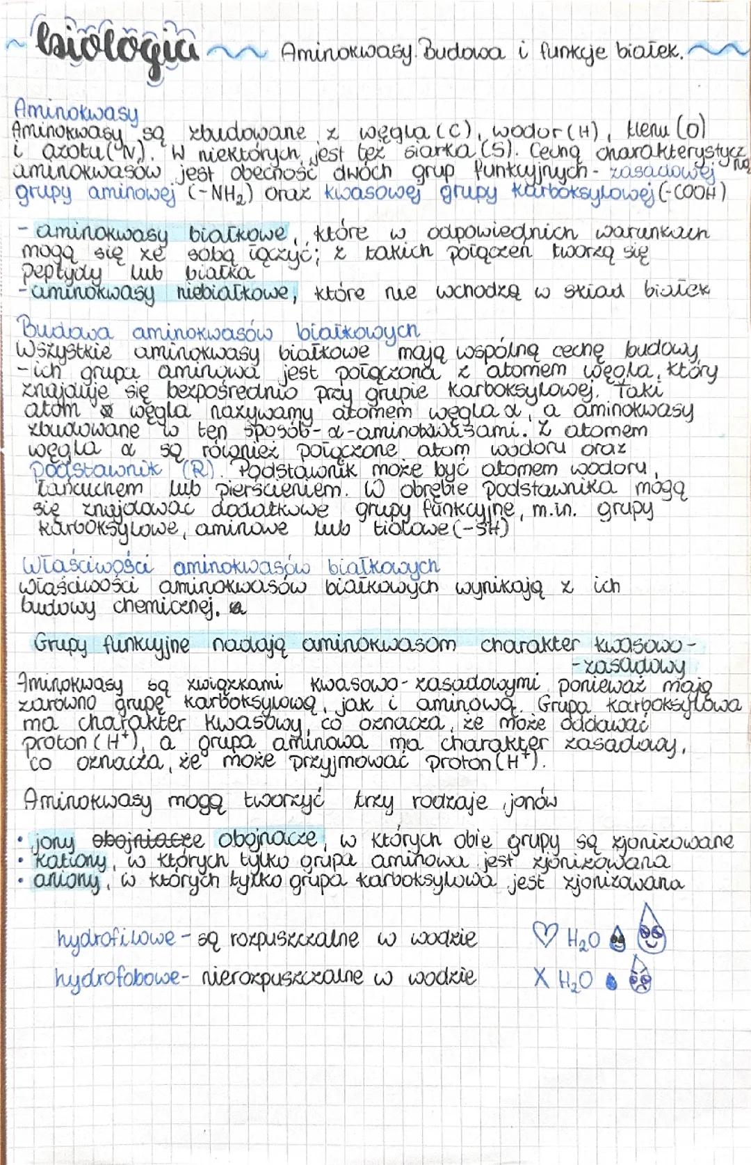 Aminokwasy. Budowa i funkcje białek