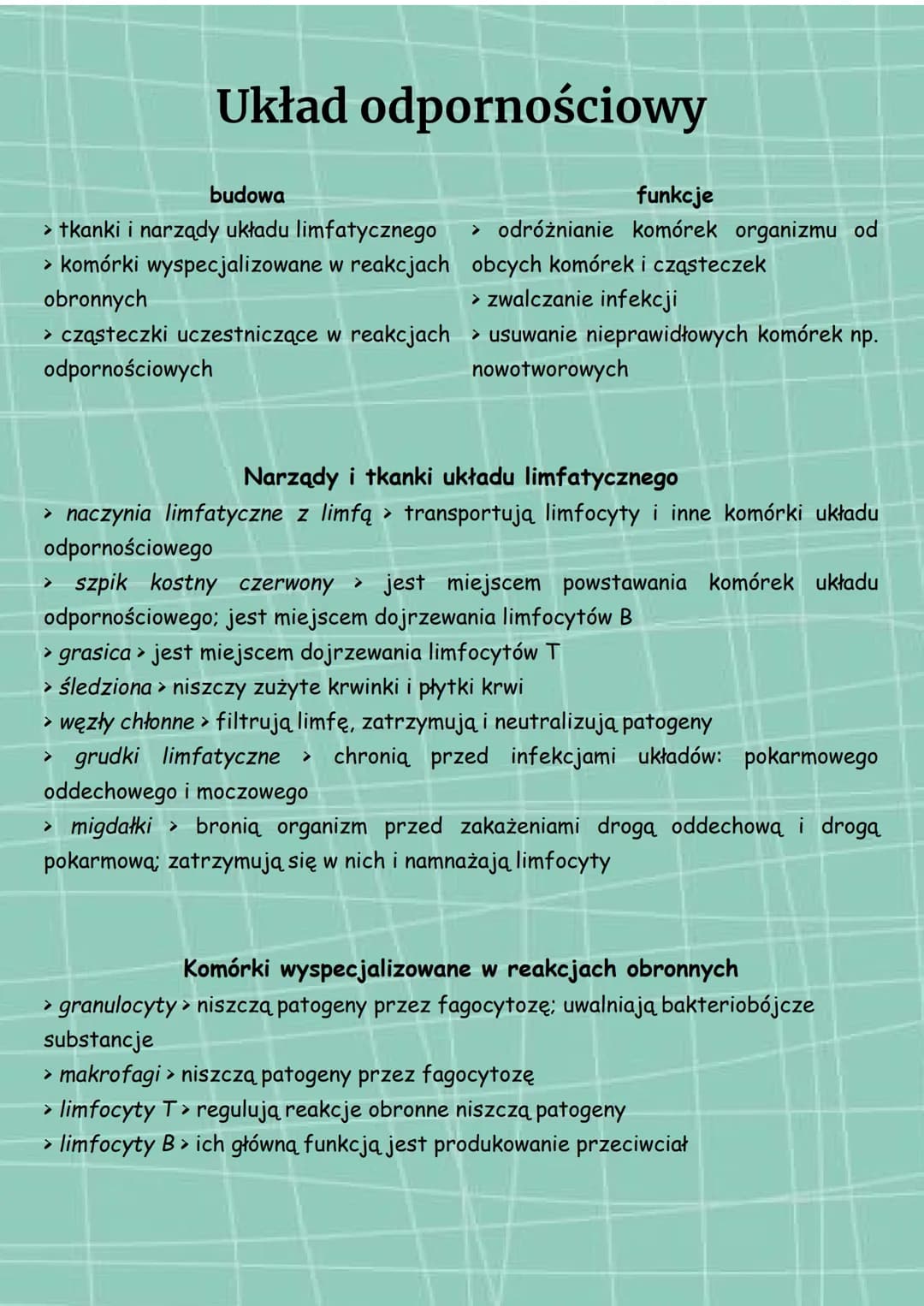 Układ odpornościowy
funkcje
> odróżnianie komórek organizmu od
obcych komórek i cząsteczek
> zwalczanie infekcji
> cząsteczki uczestniczące 