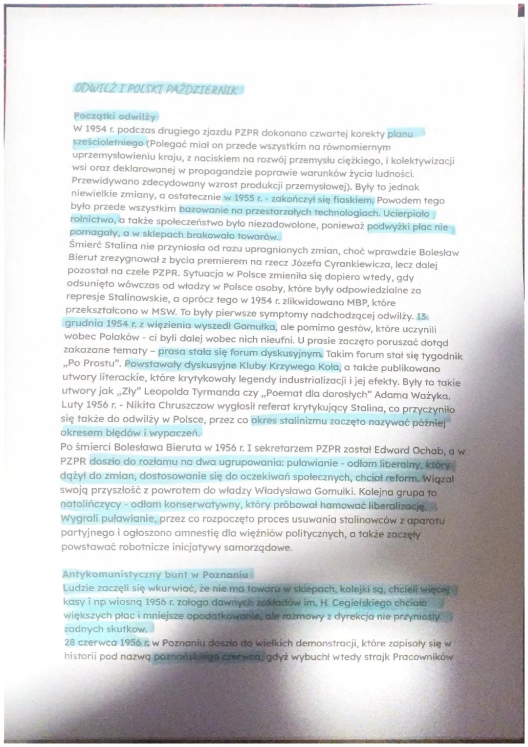 ODWICZ I POLSKI PAŹDZIERNIK
Początki odwilży
W 1954 r. podczas drugiego zjazdu PZPR dokonano czwartej korekty planu
sześcioletniego (Polegać