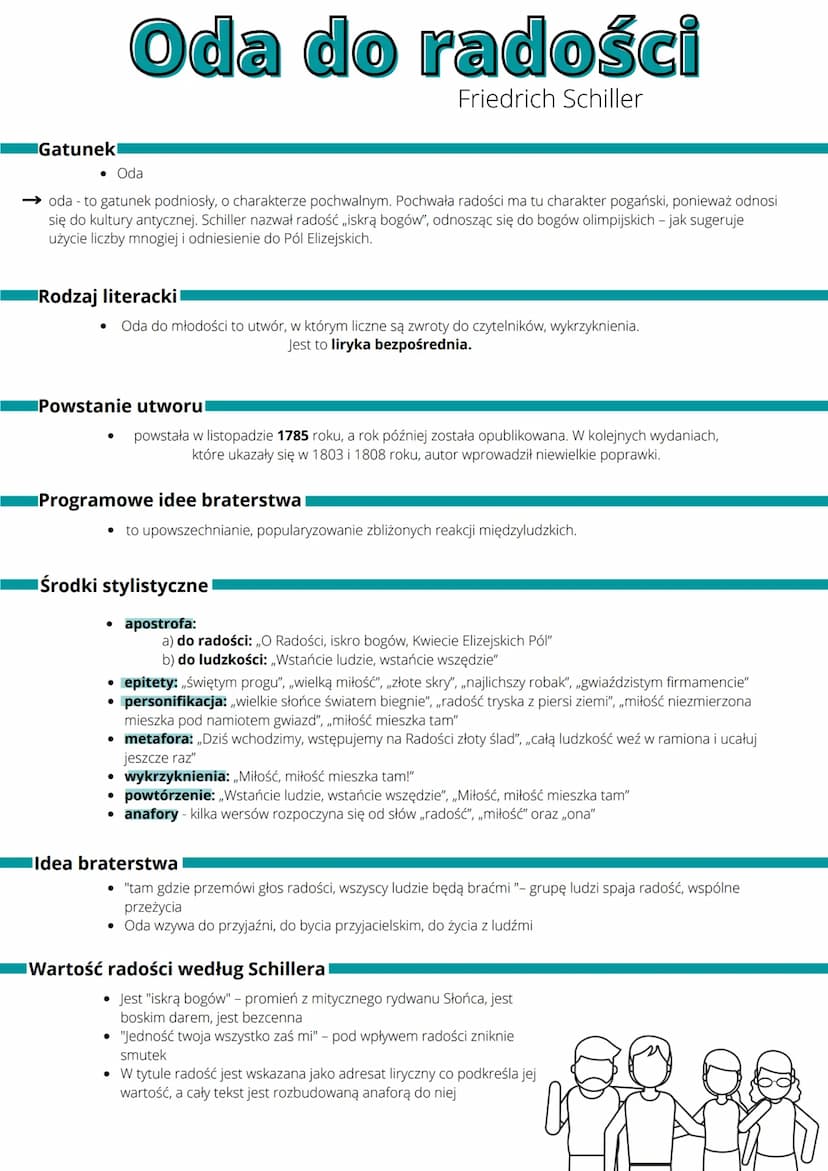 
<p>Oda to gatunek literacki o charakterze pochwalnym, a Oda do radości Friedricha Schillera jest przykładem pochwały radości o charakterze 