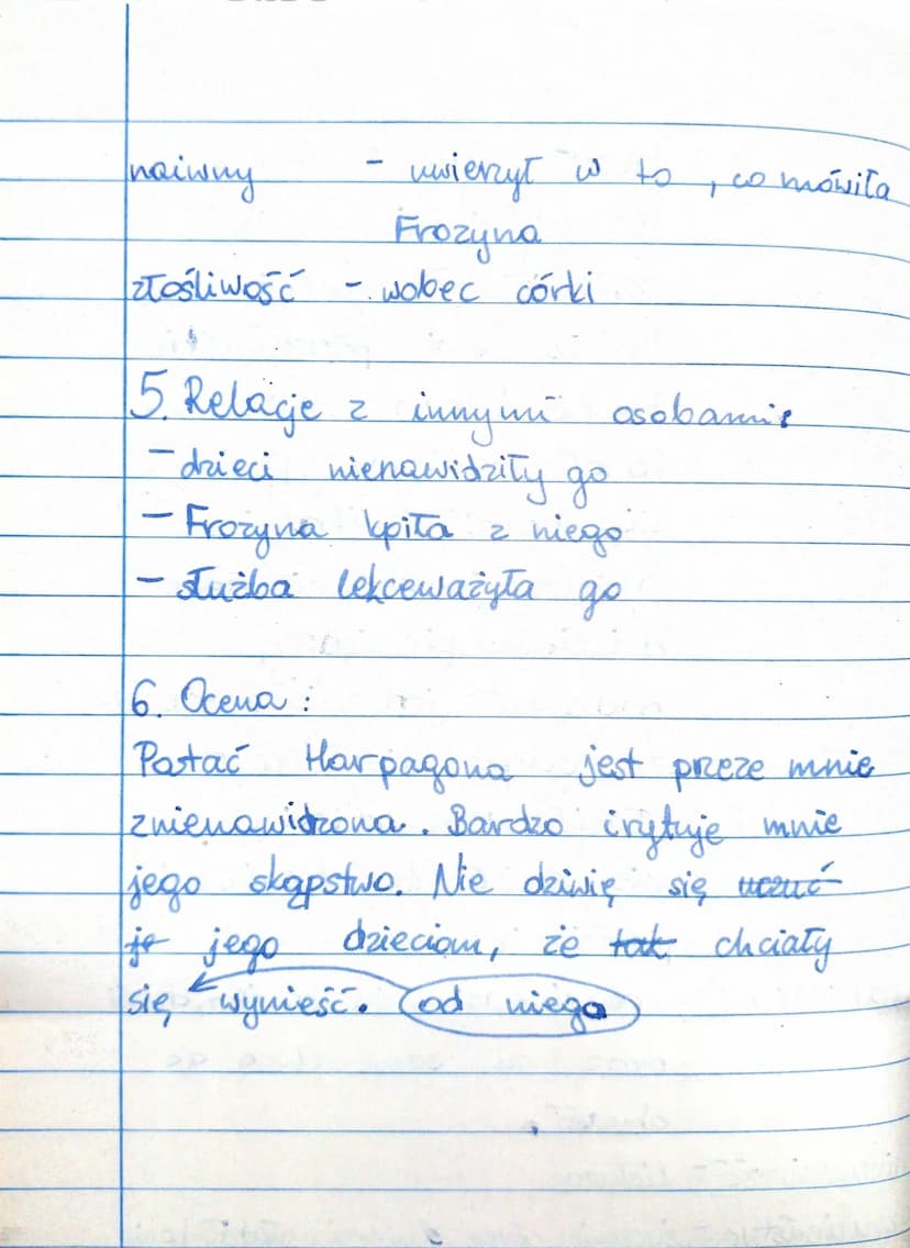 Temat: Charakterystyka Harpagona.
1. Charak
1. Przedstawienie postaci:
*Harpagion, ok. 60 lat, mieszkał w
Paryżu, wdowiec 2 dwojgiem dried,
