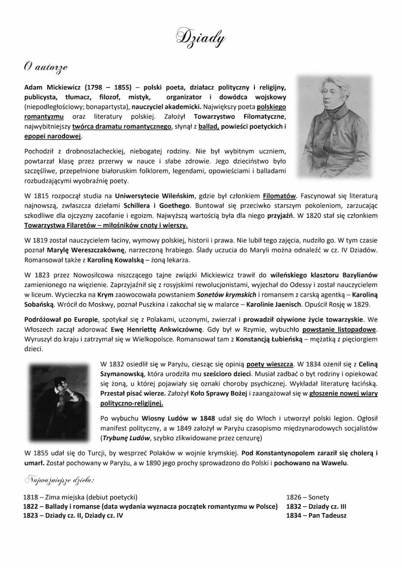 Dziady
O autorze
Adam Mickiewicz (1798-1855) polski poeta, działacz polityczny i religijny,
publicysta, tłumacz, filozof, mistyk, organizato