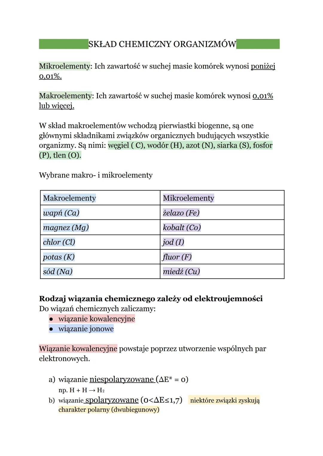 SKŁAD CHEMICZNY ORGANIZMÓW
Mikroelementy: Ich zawartość w suchej masie komórek wynosi poniżej
0,01%.
Makroelementy: Ich zawartość w suchej m
