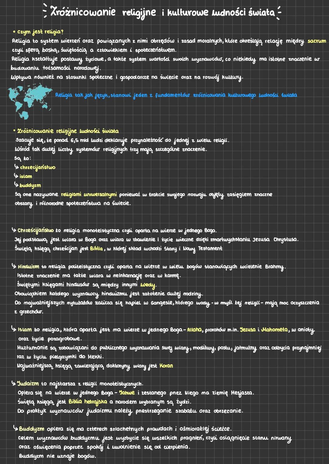 Zróżnicowanie religijne i kulturowe ludności świata -
• czym jest religia?
Religia to system wierzeń oraz powiązanych z nimi obrzędów i zasa