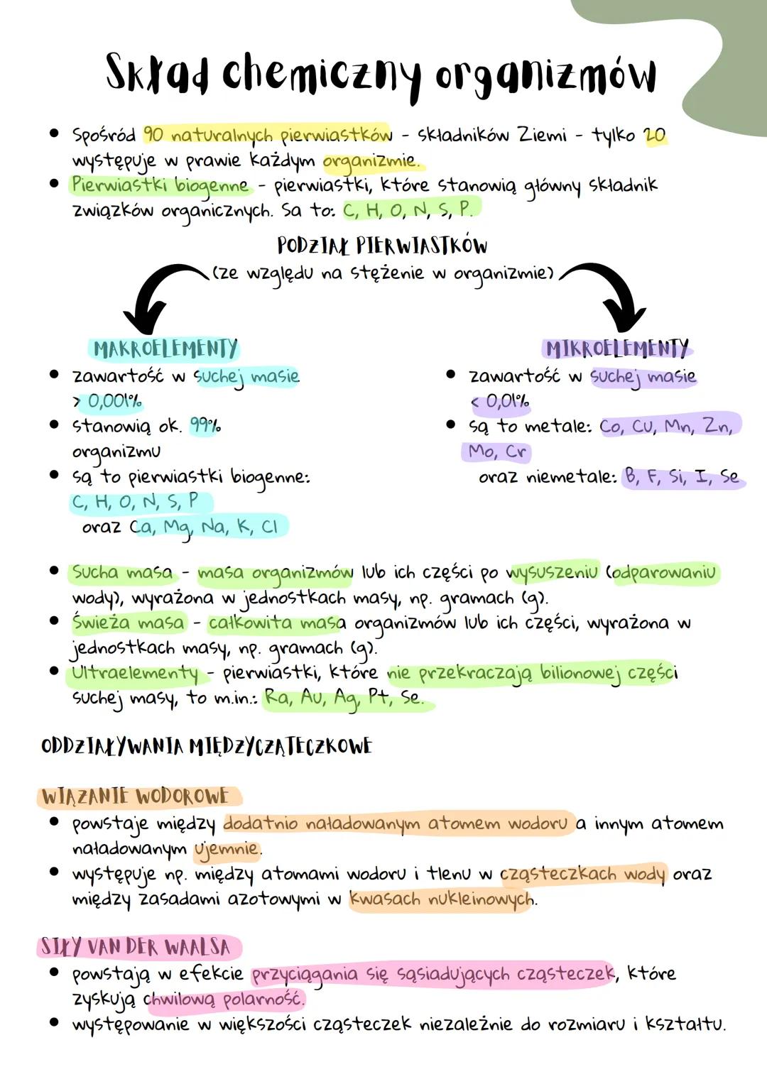 Skład chemiczny organizmów
• Spośród 90 naturalnych pierwiastków - składników Ziemi - tylko 20
w prawie każdym organizmie.
występuje
• Pierw