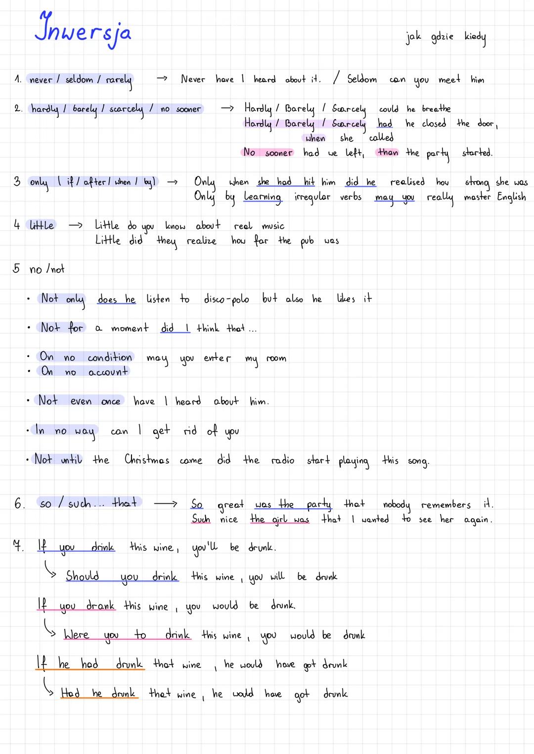 1. never / seldom / rarely
2. hardly / barely / scarcely / no
3 only I if/ after / when / by) →
Inwersja
4 little
5 no/not
6.
.
.
On no
On n