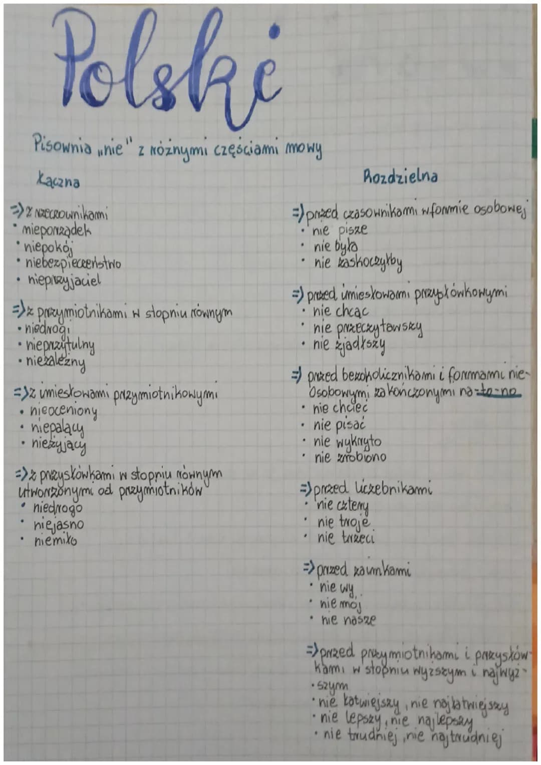 Polski
Pisownia "nie" z roznymi częściami mowy
Łączna
=> NecRownikami
*mieporządek
niepokój
•
niebezpieczeństwo
nieprzyjaciel
=>z przymiotni