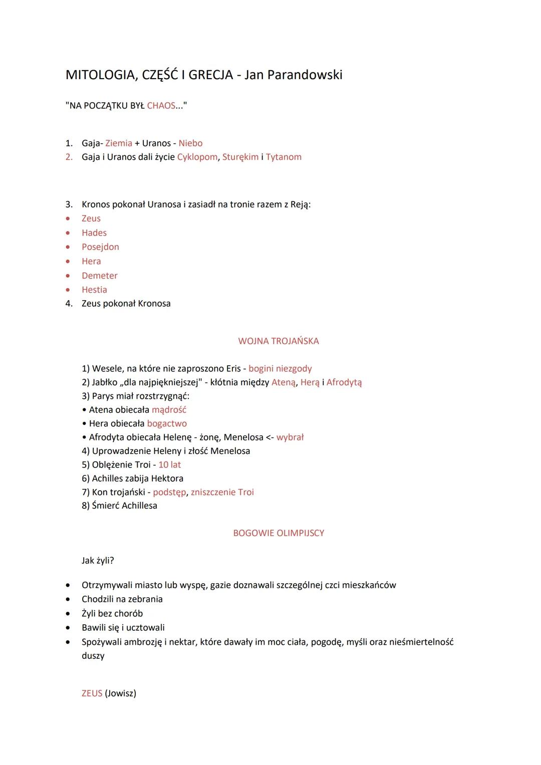 MITOLOGIA, CZĘŚĆ I GRECJA - Jan Parandowski
"NA POCZĄTKU BYŁ CHAOS..."
1. Gaja- Ziemia + Uranos - Niebo
2. Gaja i Uranos dali życie Cyklopom
