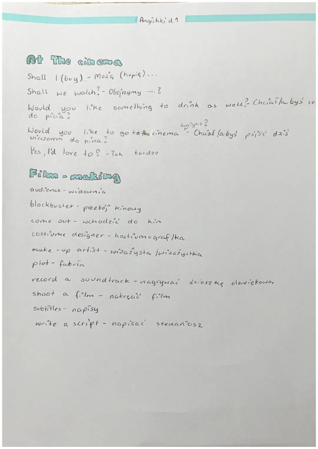 Angielski
PEOPLE IN FILM
Dział 4
cast: obsada
director - reżyser
extra- statysta /statystka
lead actor-aktor pierwszoplanowy
lead actress - 